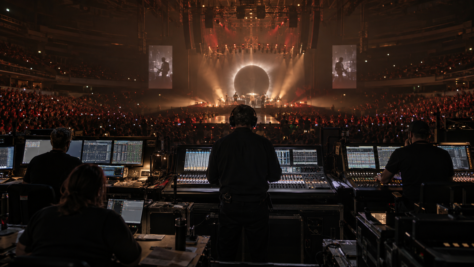 Live production team managing an arena concert from front of house